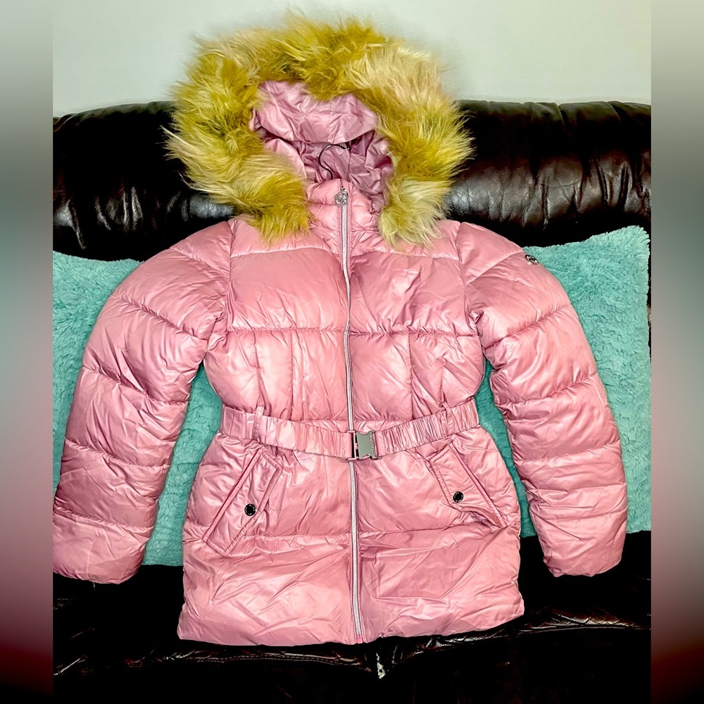 Michael Kors Girls Pink Puff Jacket with Belt and Removable Hood size 16
